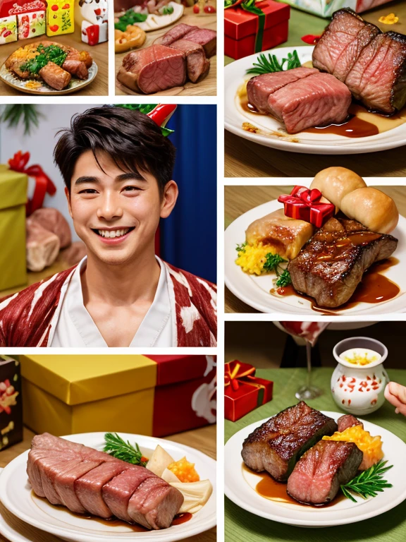 Illustrated Cartoons、Japanese Manga、 a boy talking about presents  、A birthday story 、  A four-frame comic depicting delicious meat、Delicious meat dishes as gifts、  happy face、  your smile is cute 、  a boy talking about meat  、