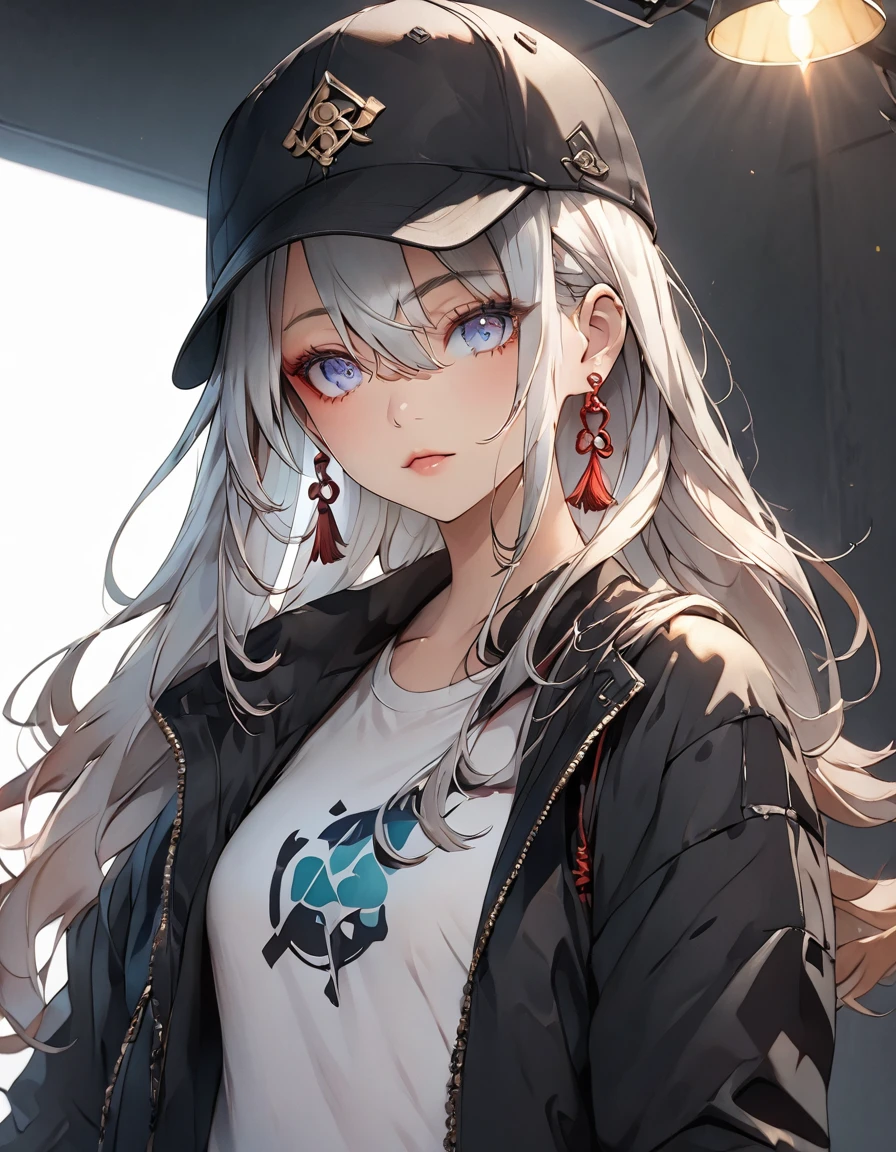 A woman with a baseball cap and a jacket, open jacket , wearing shorts ,extremely detailed anime style girl, seductive anime girl portrait, detailed facial features, , detailed clothing, studio lighting, 8k, high resolution, masterpiece, vibrant colors, dynamic composition, full body shot, dynamic pose, white background, shenhe, blue eyes, braided ponytail, earrings, eyelashes, eyeliner, eyes visible through hair, eyeshadow, hair between eyes, makeup, red eyeshadow, sidelocks, single earring, symbol-shaped pupils, tassel, tassel earrings, white hair, long hair, whole body
