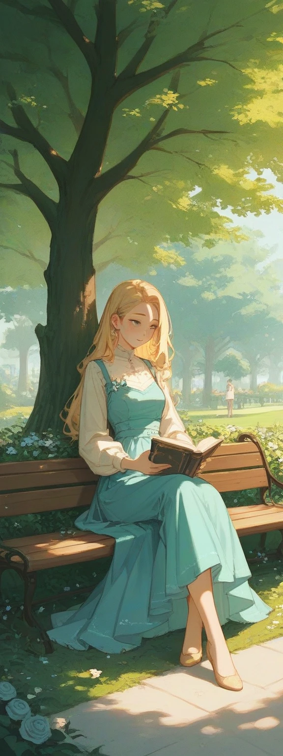 The beauty has long straight golden hair and wears a light blue chiffon dress. She was sitting on a park bench with her legs crossed, a book in one hand and the other gently resting on her lap. The expression is seductive and intellectual, and the skin is fair and transparent, seeming to radiate in the sun. The background is a tree-lined park with green grass and blooming flowers.
