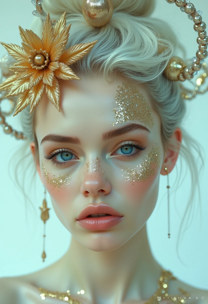 This is a high-resolution, hyper-realistic digital artwork by the artist Fairyland, showcasing a striking portrait of a young woman. The subject has pale, almost translucent skin adorned with a glittering array of gold and silver glitter, giving her a mystical, ethereal appearance. Her eyes are a striking blue, framed by dramatic, winged eyeliner, and she has a strong, angular jawline and full, slightly parted lips.