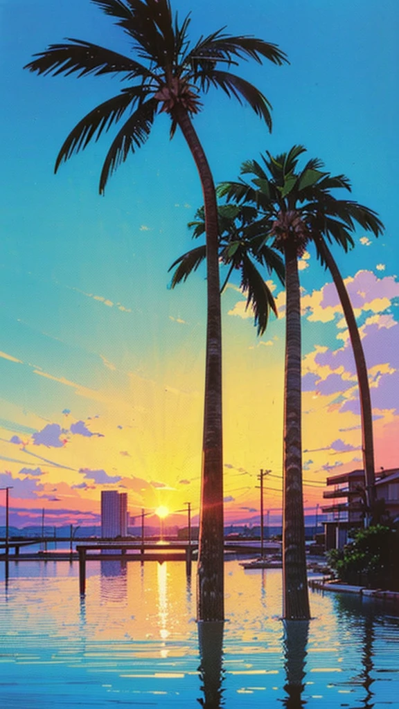 (((Hiroshi Nagai )))，Sunset，Vision，Palm Trees， coastal，Abstract，take， Quiet Pastel Colors ，Soft pictures，Retro Anime,  1990s Anime,  1980s Anime , Retro Anime，Retro Anime风格，masterpiece,  is the best quality, Old school anime, Beautiful anime 