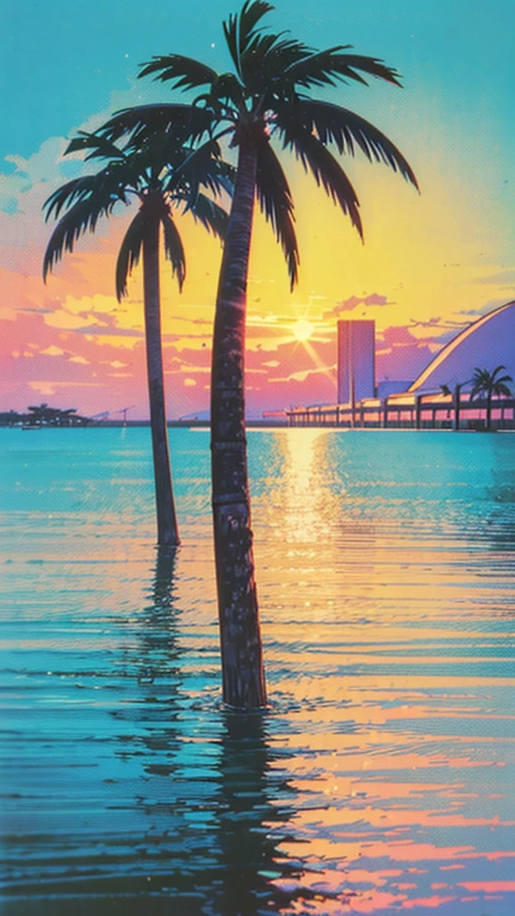 (((Hiroshi Nagai )))，Sunset，Vision，Palm Trees， coastal，Abstract，take， Quiet Pastel Colors ，Soft pictures，Retro Anime,  1990s Anime,  1980s Anime , Retro Anime，Retro Anime风格，masterpiece,  is the best quality, Old school anime, Beautiful anime 