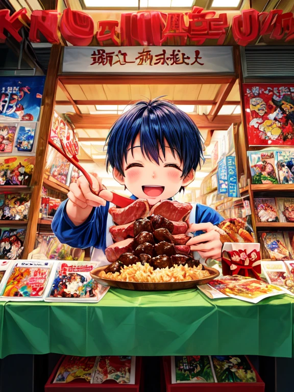 Illustration,comics、日本のcomics、 a boy talking about presents  、A birthday story 、 おいしいお肉が描かれた4コマcomics、Delicious meat dishes as gifts、  happy face、  your smile is cute 、  a boy talking about meat  、