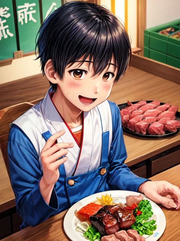 Illustration,comics、日本のcomics、 a boy talking about presents  、A birthday story 、 おいしいお肉が描かれた4コマcomics、Delicious meat dishes as gifts、  happy face、  your smile is cute 、  a boy talking about meat  、