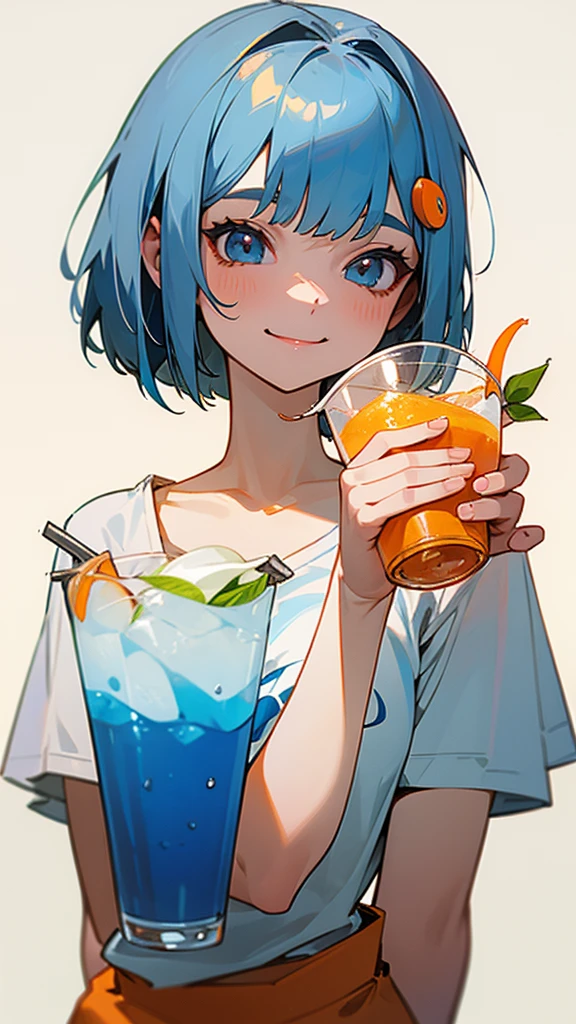 20-year-old women、 Dusty Blue Hair 、 bob cut、Orange hair ornament、The upper body is a white t-shirt 、Holding a cup filled with drinks、smile、delicious、No background、Background white