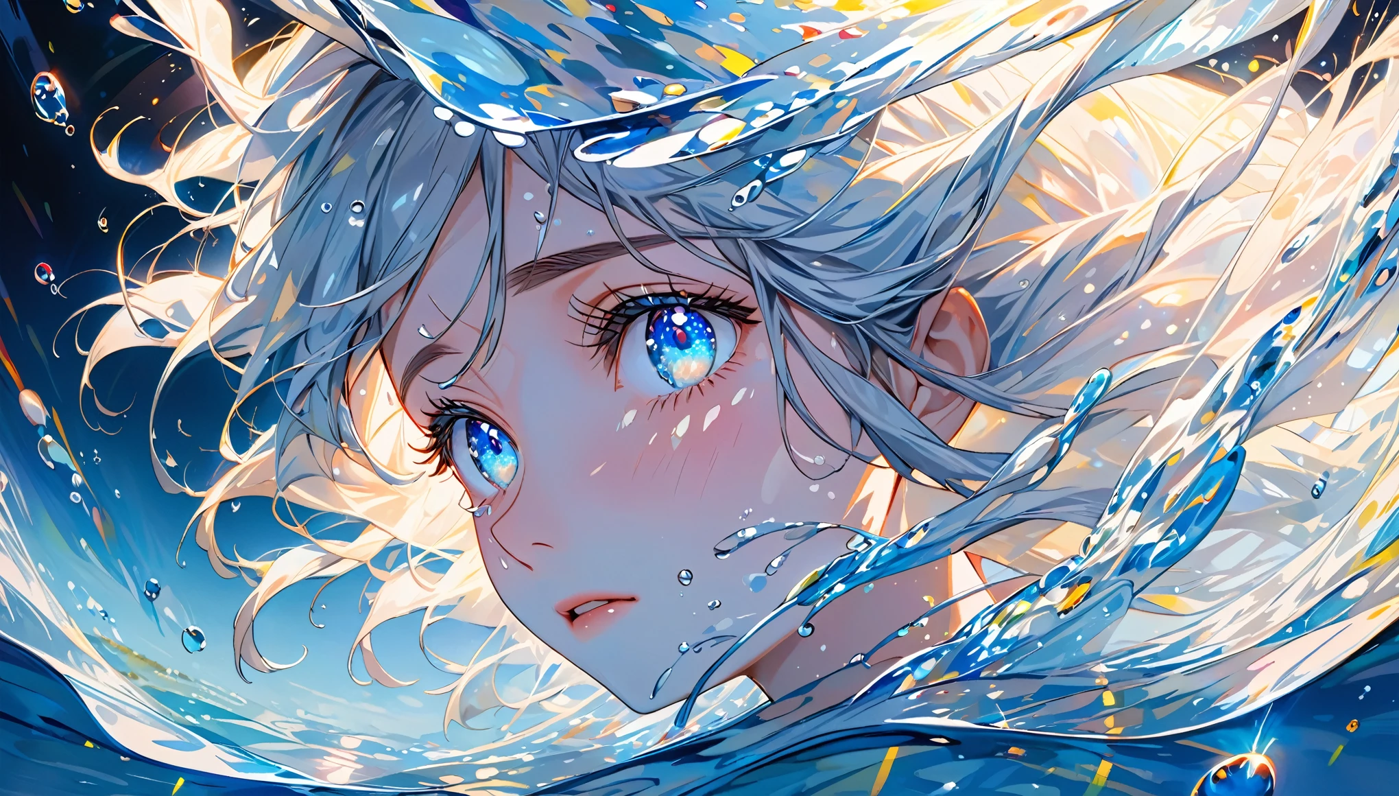 , girl swimming underwater, super detailed rendering style, glow, yellow, blue, brush, surreal oil painting, shining eyes, tears, crying, tearful eyes, head close-up, exaggerated perspective, Tyndall effect, water droplets , mother of pearl iridescence, holographic white, black background,