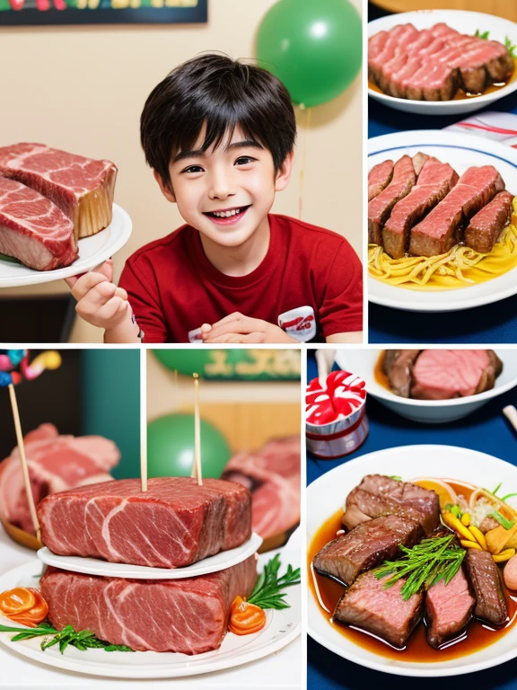 Illustrated comics 、Japanese Manga、 a boy talking about presents  、A birthday story 、  four-frame comics depicting delicious meat、Delicious meat dishes as gifts、  happy face、  your smile is cute 、  a boy talking about meat  、