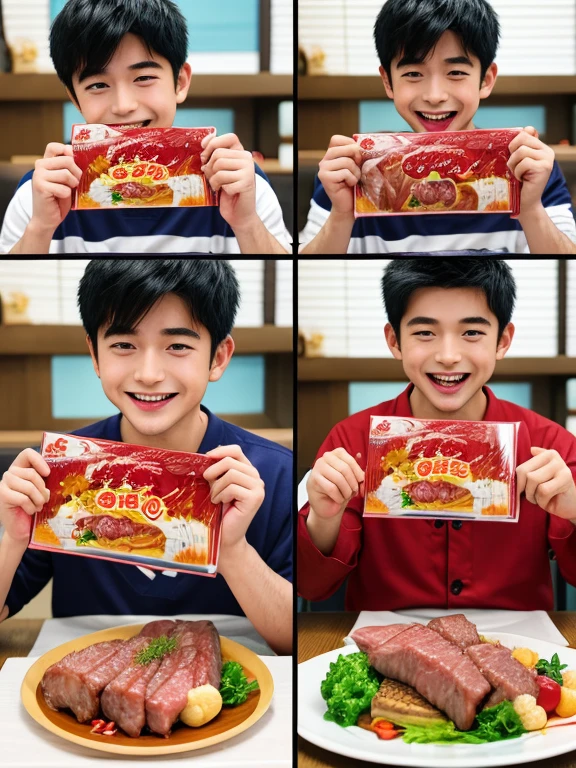 Illustrated comics 、Japanese Manga、 a boy talking about presents  、A birthday story 、  four-frame comics depicting delicious meat、Delicious meat dishes as gifts、  happy face、  your smile is cute 、  a boy talking about meat  、