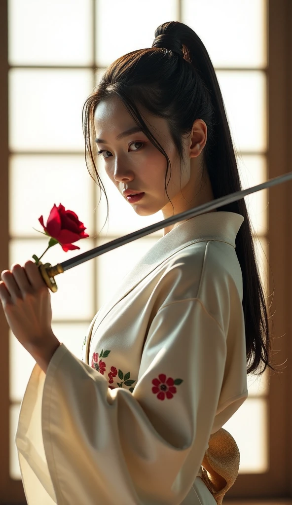 (Masterpiece、High image quality、 high definition、4K、8k、 detail)、(Masterpiece, High Quality, High Definition, 4K, 8K, Detail, ) A female samurai (Japanese, beautiful face, perfect body) standing in front of the camera swings her sword and cuts a single rose with a single stroke. The woman is looking at the rose as the sword blow separates the flower from the stem. She wears a traditional Japanese kimono with a subtle floral pattern. Her pony-tailed hair sways slightly with the swinging motion, and the background is minimalist (minimalist: 1.2) with soft light hitting the woman and the rose, creating tension and beauty in this scene. Photorealistic, wallpaper, CG unity at its best.