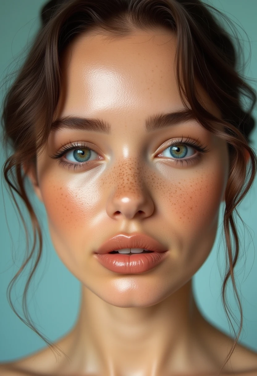 The image is a hyper-realistic digital illustration of a woman's face, rendered in a photorealistic CGI style. The subject is a young woman with a fair, slightly freckled complexion and striking, piercing blue eyes that dominate the frame. Her skin has a smooth, glowing texture, with a subtle sheen, possibly enhanced with makeup. She has a prominent, delicate nose and full, slightly parted lips painted in a glossy, warm-toned nude lipstick that matches her skin undertone.