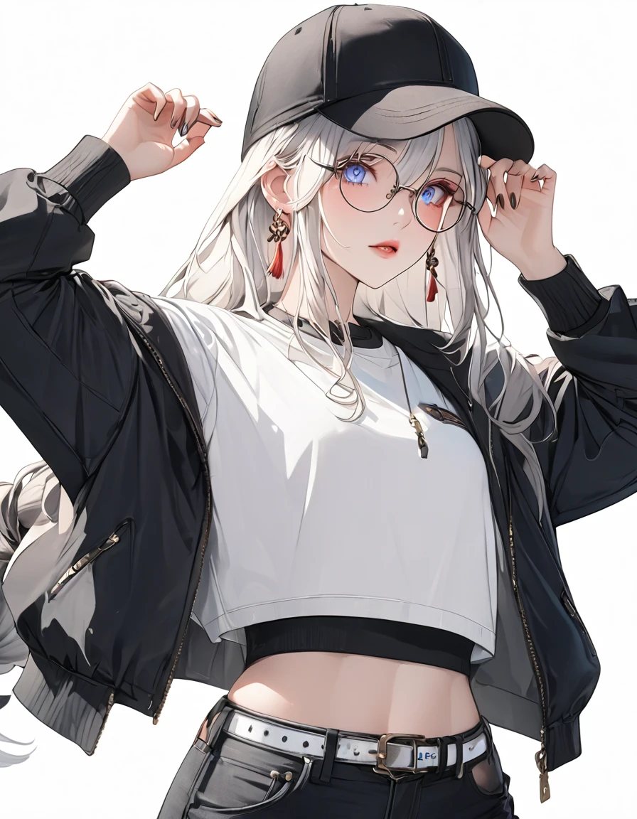 A woman with a baseball cap and a jacket, open jacket , wearing shorts ,extremely detailed anime style girl, seductive anime girl portrait, detailed facial features, , detailed clothing, studio lighting, 8k, high resolution, masterpiece, vibrant colors, dynamic composition, full body shot, dynamic pose, white background, shenhe, blue eyes, braided ponytail, earrings, eyelashes, eyeliner, eyes visible through hair, eyeshadow, hair between eyes, makeup, red eyeshadow, sidelocks, single earring, symbol-shaped pupils, tassel, tassel earrings, white hair, long hair, whole body, wearing round glasses, whole body shot
