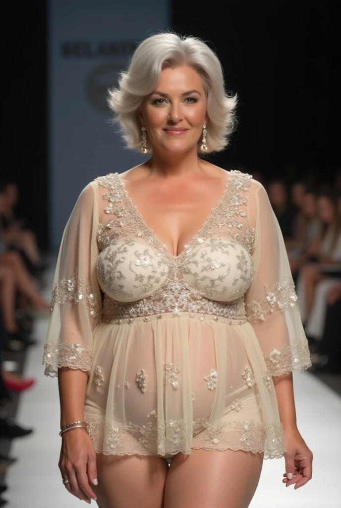 full-body close-up colour photo of two nudist local women (((50yo attractive housewife mother and her 19yo daughter, same family, related to each other))) walking down the catwalk runway in a fashion show during Berlin Fashion Week. White cotton thong panties. (Topless:1.3), More naked than her friend. Expensive jewellery and glamorous makeup. 2girls. Large natural breasts, natural pubic hair, Award winning photo. DLSR photograph 35mm. Surprised onlookers