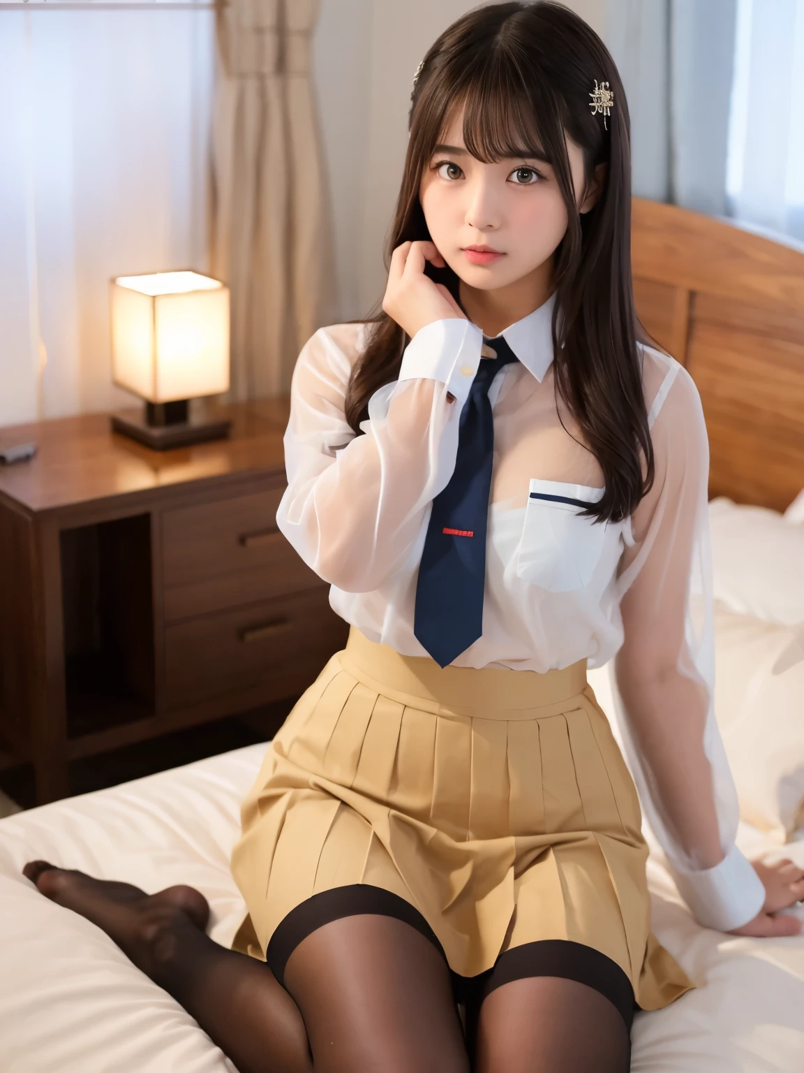  ulzzang-6500-v1.1, ( RAW Photos:1.2), ( photorealistic), ( see-through :1.3), (Genuine:1.4),  arafa asian woman in uniform sitting on bed,  white skin,  super realistic high school girl ,  cute girls dressed like high school students , hyperGenuineの高校生, Genuineの高校生, Japanese girl uniform, Japanese ,  young and beautiful girls gravure idol , Seifuku, Japaneseを身に着けている , Pose,  super realistic stockings :1.3, sakimichan,  skirt flip:1.7, 