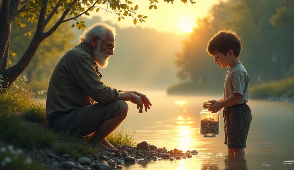 An old man helps a child while it is about to sink
