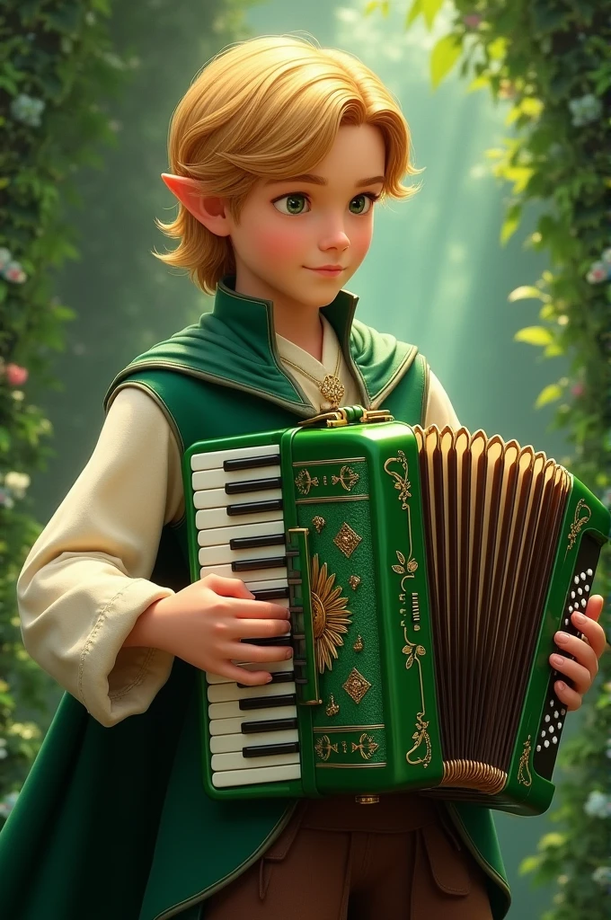 a young half-elf man with delicate, feminine features and shoulder-length light brown hair wearing white medieval clothing with a symbol of a light blue feather over a red heart drawn on the clothing at chest height, playing the flute and partying with anime style kids