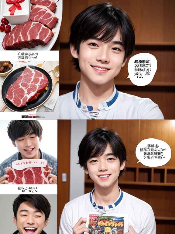 Illustrated comics、Japanese Manga、 a boy talking about presents  、A birthday story 、  four-frame comics depicting delicious meat、Delicious meat dishes as gifts、  happy face、  your smile is cute 、  a boy talking about meat  、