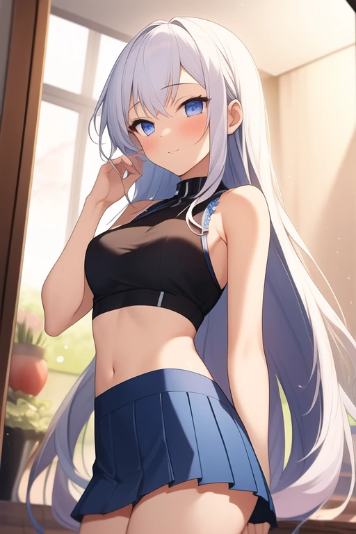 young girl, long gray hair, cat ears, Yellow eyes, Smile, tattoo, Tight blue fantasy shirt, open belly, Blue Fantasy Shorts, Masterpiece, hiquality, 4k, HD, Good detail