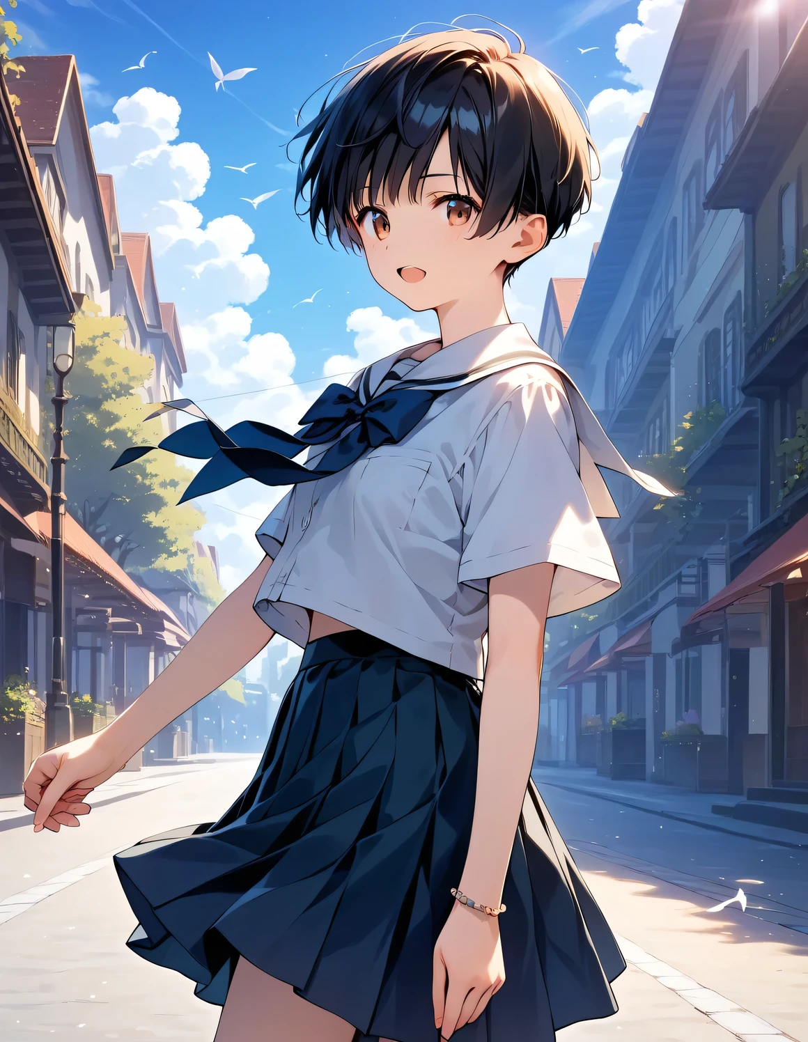 score_9, score_8_up, score_7_up, source_anime, best quality, masterpiece, official art, absurdres, highres, ultra-detailed,waifu2x,break,1girl, very short hair, pixie cut, flipped hair, small breasts,school uniform, open mouth, wind, outdoors, break,(clear line illustration:1.2), super detailed skin,shiny skin,very high resolution, very aesthetic, Best sexual lighting powered by famous artist, 8k, 16k, cute picture,beauty illustration,photoshop_(medium),,best anime 8k konachan wallpaper, pixiv contest winner,uncensored,