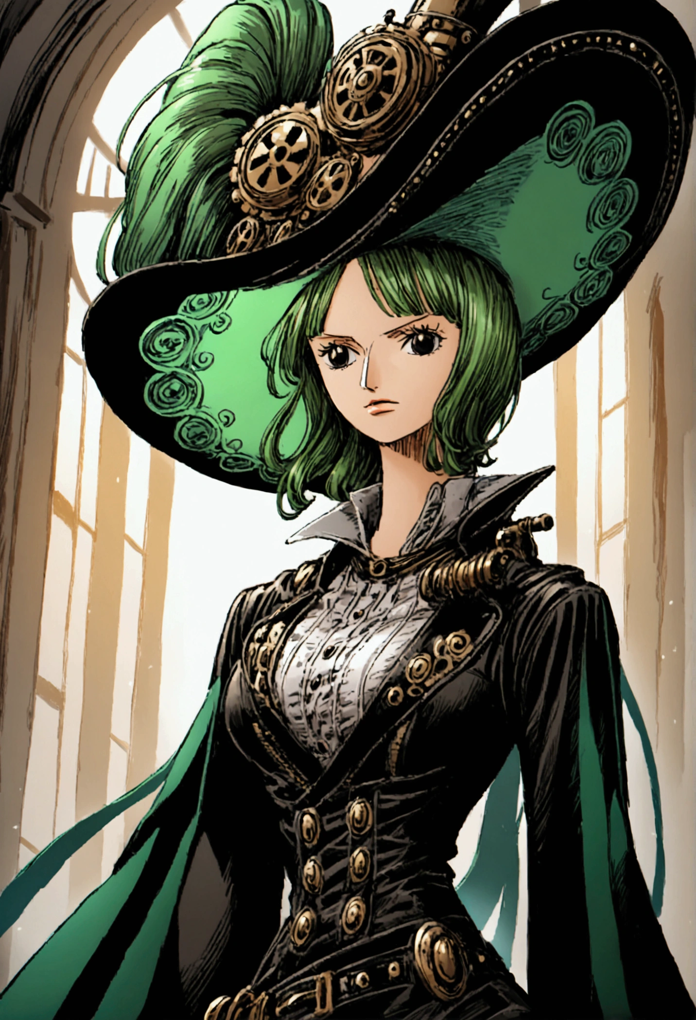 A one piece girl characters, pretty, elegant, steampunk clothes, blue and green colors, big hat