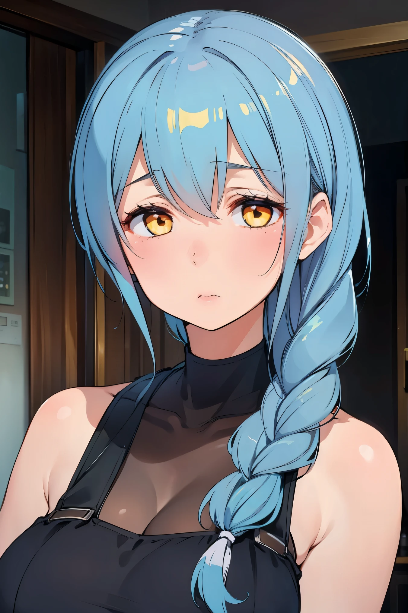 (1girl:1.3), Masterpiece, Best quality, amazing beauty, 4K, absurdres, finely detail, super detailed eye, perfect anatomy, official art, cinematic lighting, BREAK, kitchen, single braid, blue hair, super shiny detailed yellow eyes, facing this way, embarrassed, Bashful, shy, blush, BREAK , big breasts, hand on chest, face close-up, dutch angle, Bold composition, BREAK , (private clothes:1.2), (One-piece:1.2), BREAK,()