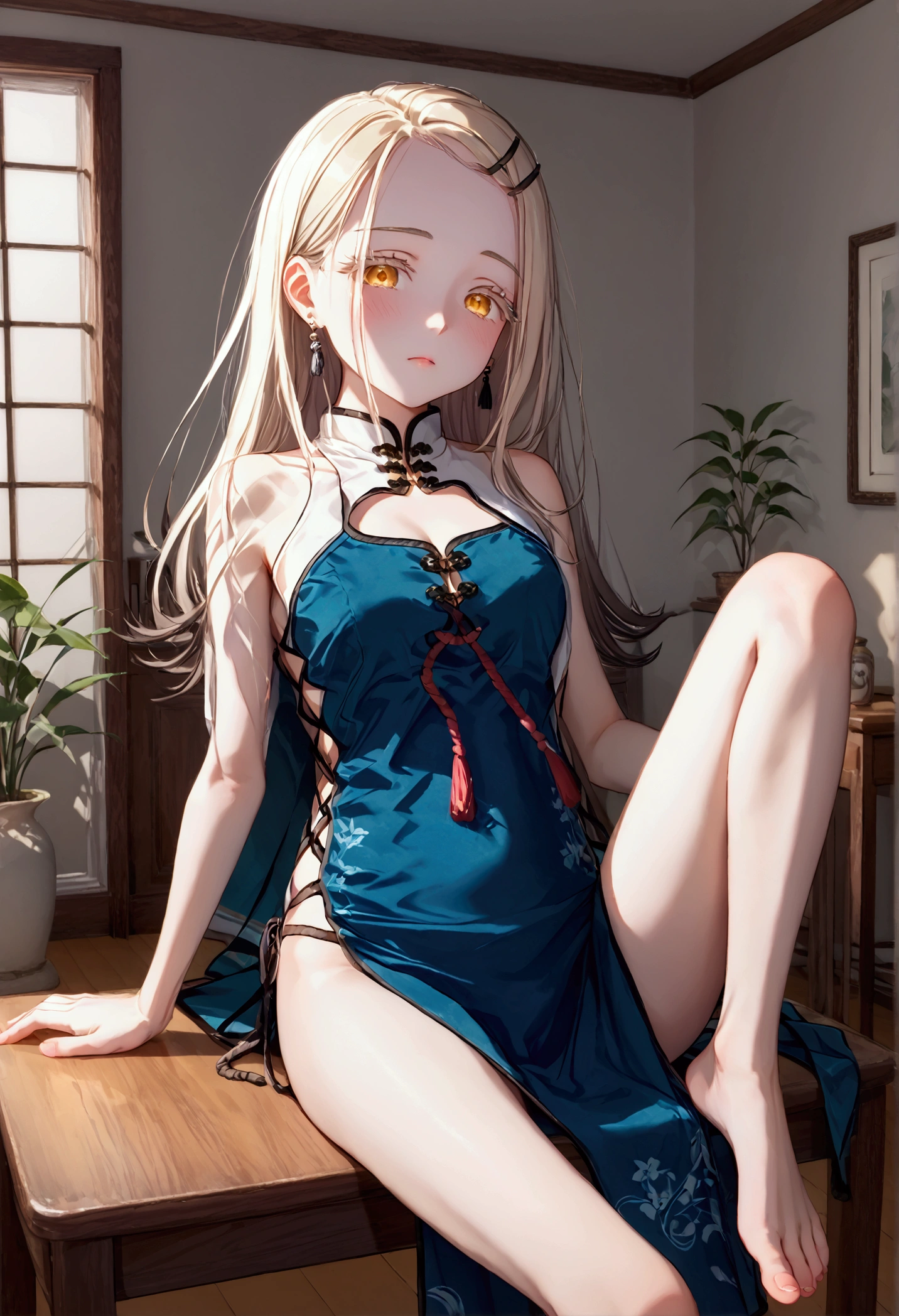 High image quality 、masterpiece、  high quality、Full HD、4K、Depict girls only 、 sit on a chair and stretch your legs、 and close your thighs、Show me your toes、 viewed from below、Looking down on、 blonde beige long hair、Droopy eyes、Golden Eyes、Forehead、black hairpin 、light green china dress、White string panties、 flat chest、 bewitching expression、blush、 makes your cheeks red、A chair without a backrest、White Room、Painting、Clothes against the wall 