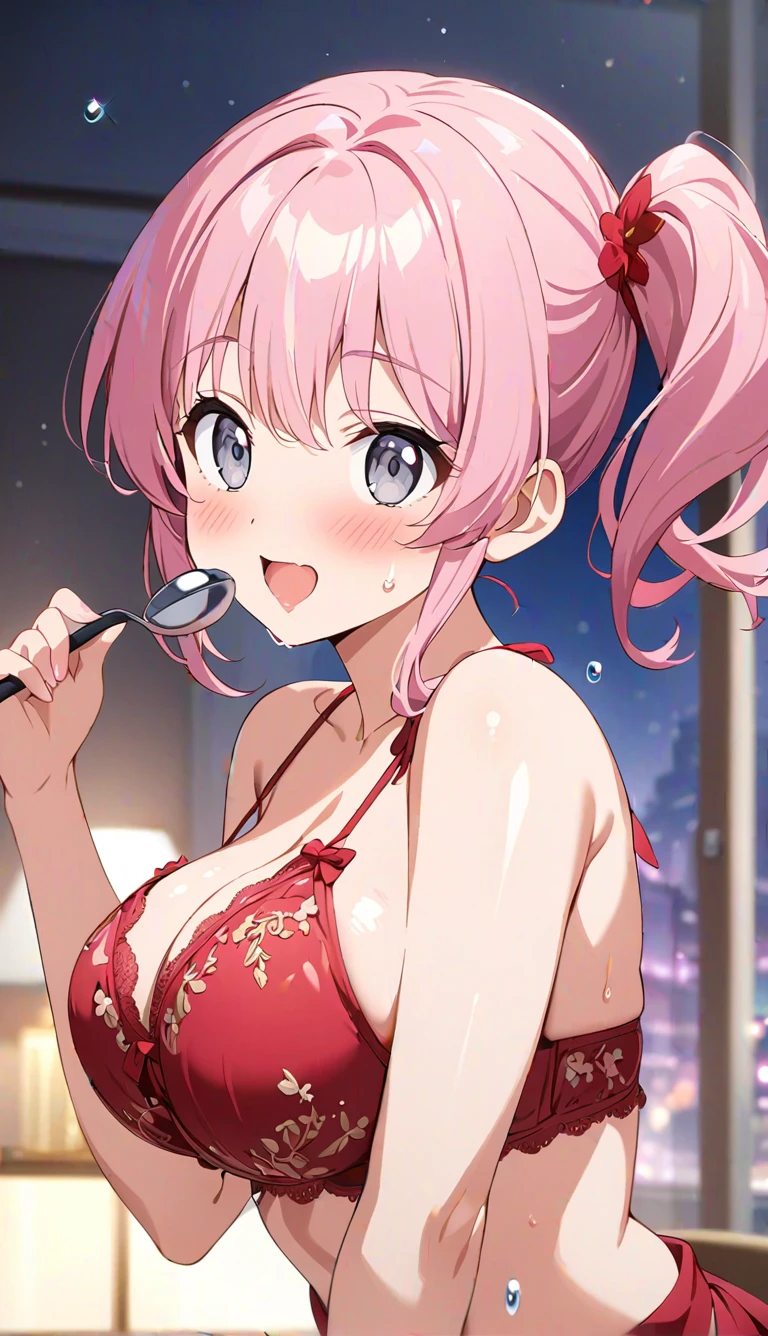 （ virtual anime:1.3）,saliva、Accentuate big breasts、 Open your mouth( masterpiece:1.3),   （a side ponytail hair:1.1）shiny skin, Delicate depiction,The feel of wet skin 、 bust up component  、  Delicate Embroidered on Translucent Glitter Lingerie 、Sweat droplets、髪の非常にDelicate depiction 、  concentrating on upper body  、  highlight big breasts 、 Delicate Embroidered Pastel Red Bikinis 、 very clear lingerie  、Light-colored lingerie 、（  subject from directly below that makes the penis vibrate:1.9）、（  dynamic pose holding a ladle :1.5）、(masterpiece, Best Quality),   so beautiful,  absurd, extremely   Details CG unity 8k wallpaper,  French illustrations , (  Details_face:1.2),   one girl playing pranks, Pink hair up to the waist , , (Glamorous expression ), Grey Eyes,  Anime Style 4k ,   ,    Anime Moe Art Style  ,   Anime Art Wallpaper 4K,  High quality anime art style ,     anime style portrait    ,   familiar with digital anime art  ,  anime art wallpaper 8k ,   cute anime girl portrait  ,whole body,    Depth of Field  , Perfect hands, nice See alsos, 5_See also, 4_See also,1_親See also,