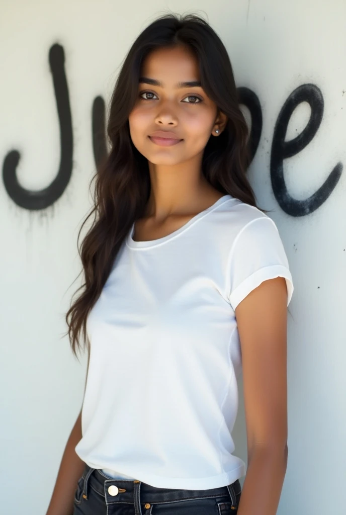An north indian girl. Brown eyes mid hair . Beggy green cargo jeans white crop top. Smiling . Diamond face.
