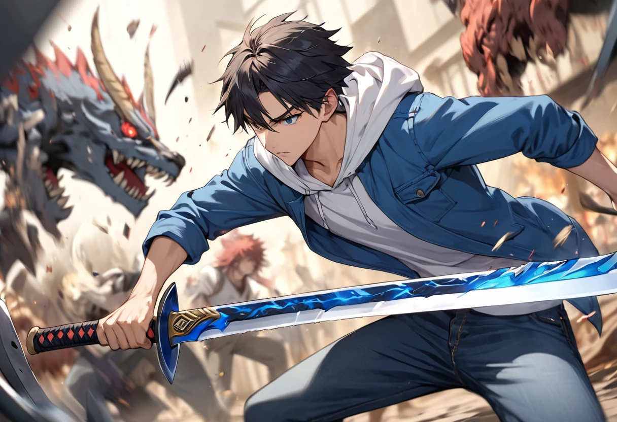  Chopping Knife "Claw " , Bladewers 1 .5ｍ Blue Wild Sword  ,  Japanese sword wearing a sacred pale fighting spirit that has slashed all kinds of monsters since ancient times , Focus on the sword ,  Young Man Wearing a White Hoodie, Blue Jacket, and Jeans"Asuka"is holding , Carcasses of monsters that have been defeated are scattered around, One-handed flatfoot pose with the tip raised horizontally from the shoulder((  motion blur ：2.0,  background blur)) ,Focus on the sword 