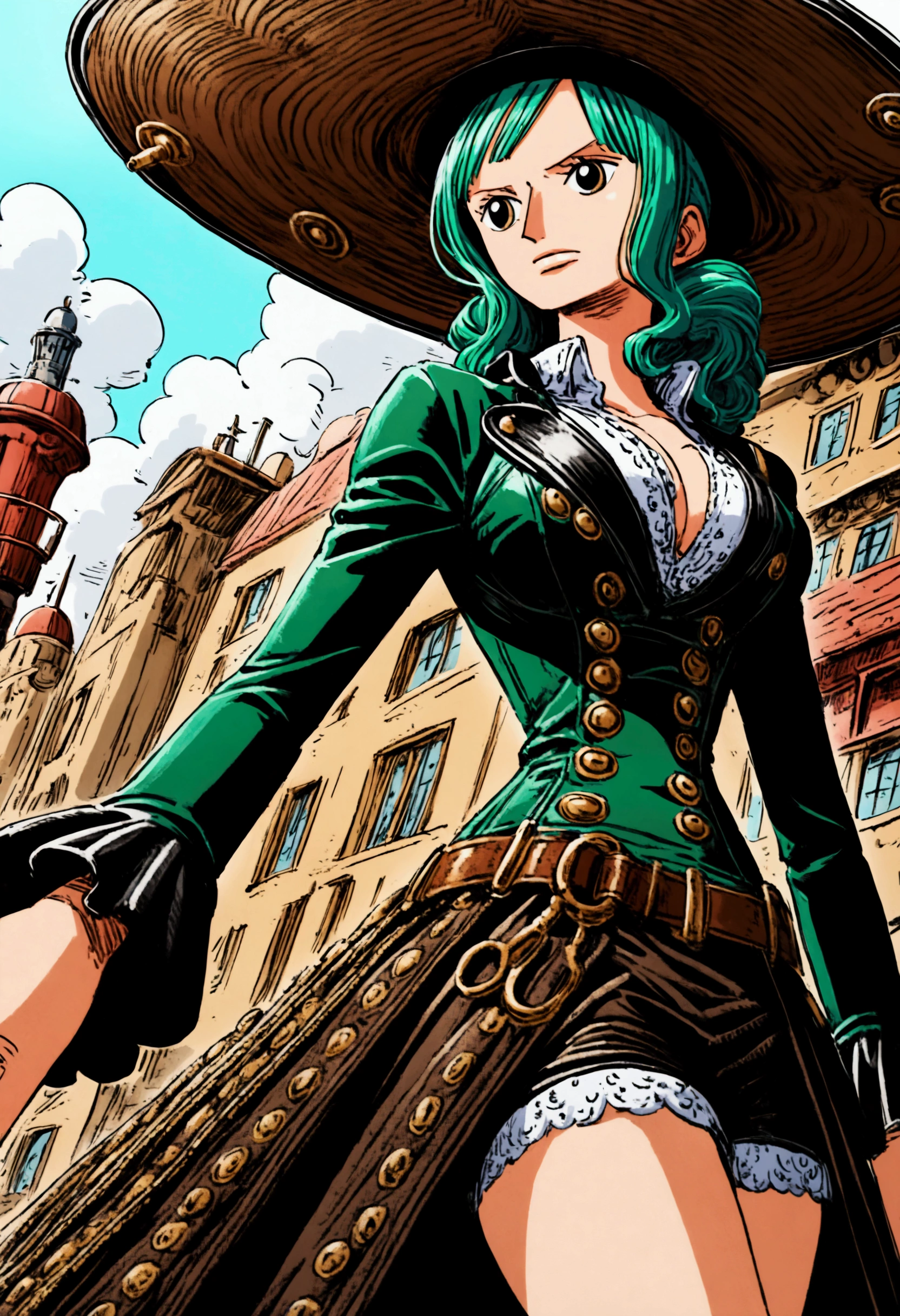 A one piece girl characters, pretty, elegant, steampunk clothes, blue and green colors, big hat, anime, 