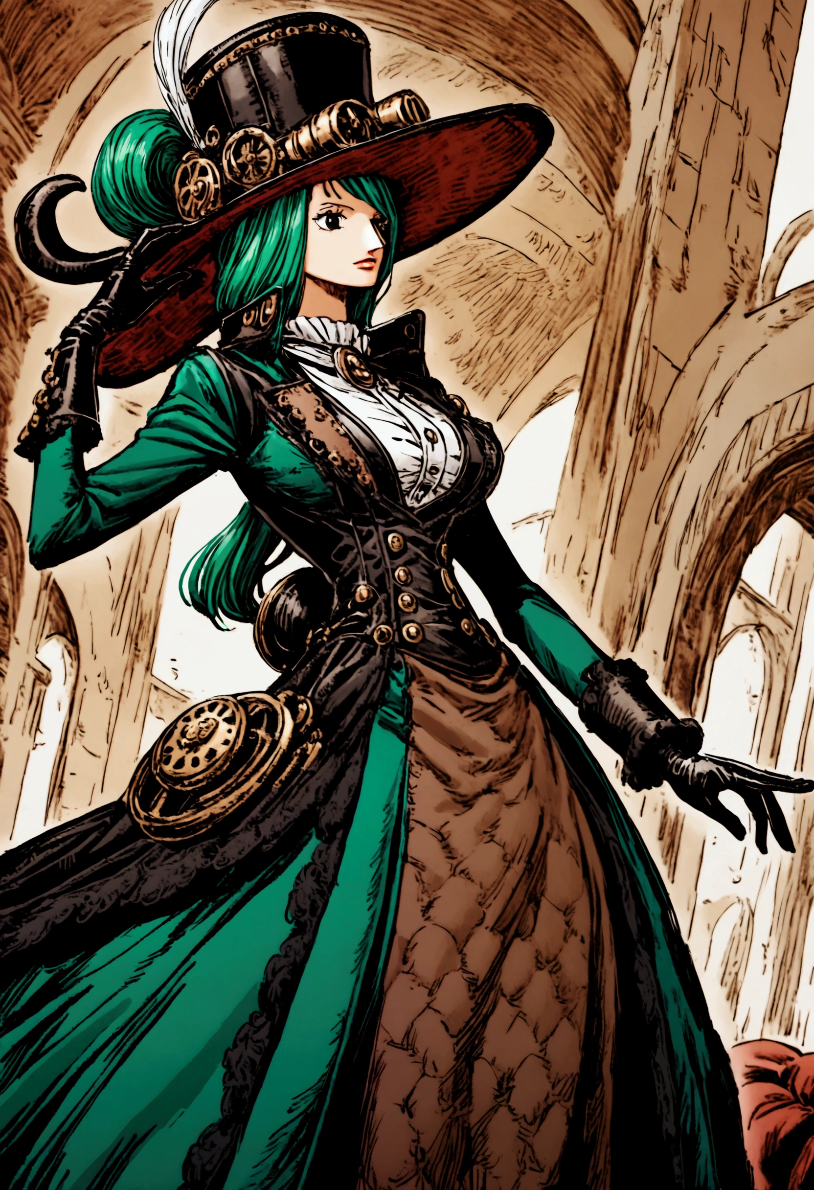 A one piece girl characters, pretty, elegant, steampunk clothes, blue and green colors, big hat