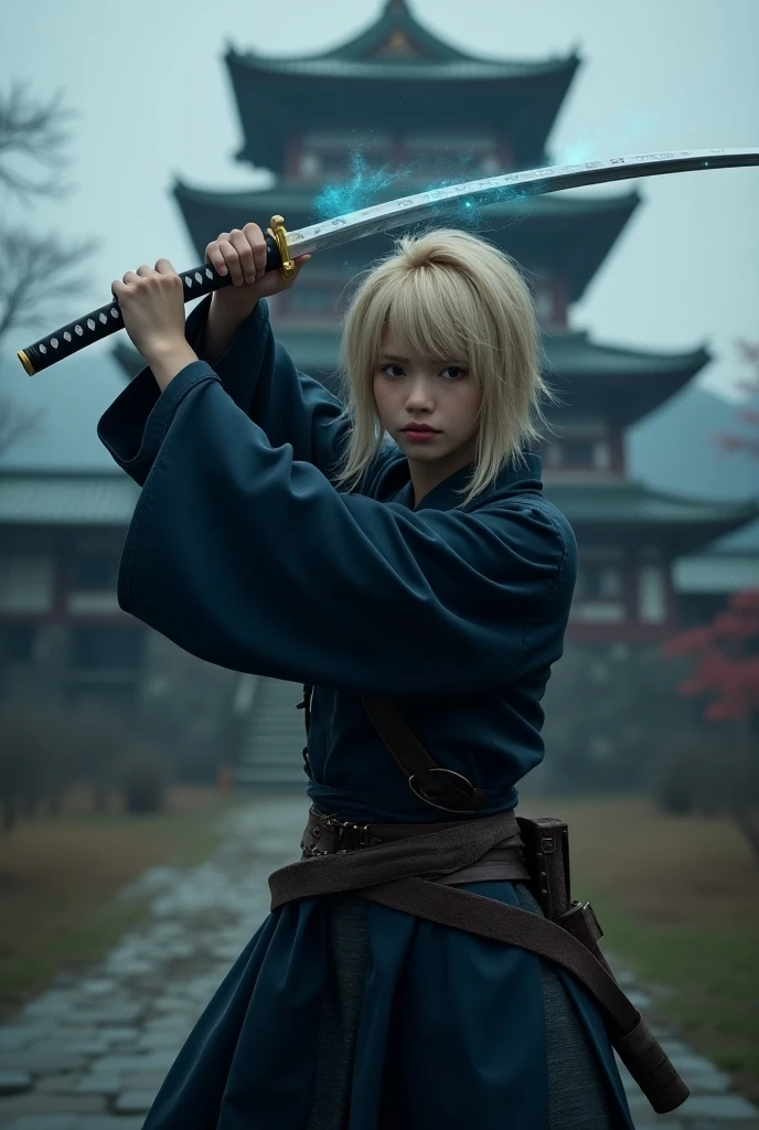 ( detailed photo image ,UHD,HDR,8k render) ninja girl with a pile of blond short hair ,  in ninja robes and light leather armor ,  above her head with both hands she holds a Japanese katana sword( katana faintly glows bluish ,  on it, mysterious hieroglyphs of power ), against the background of a Japanese pagoda castle ,mystery warrior ,