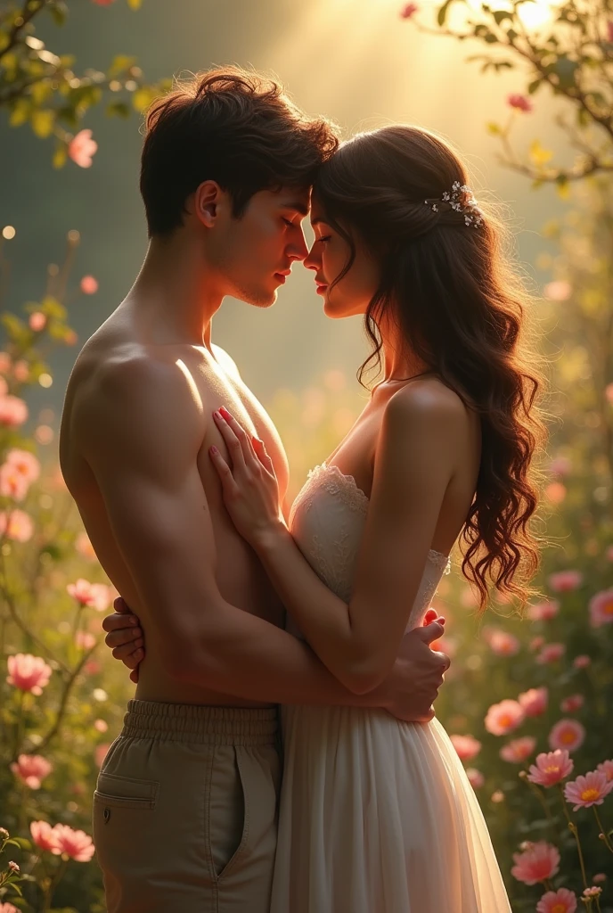 A handsome young man is having sex with a young woman naked on top of each other in the forest. Their prostrate parts are obscured by flowers and grass.