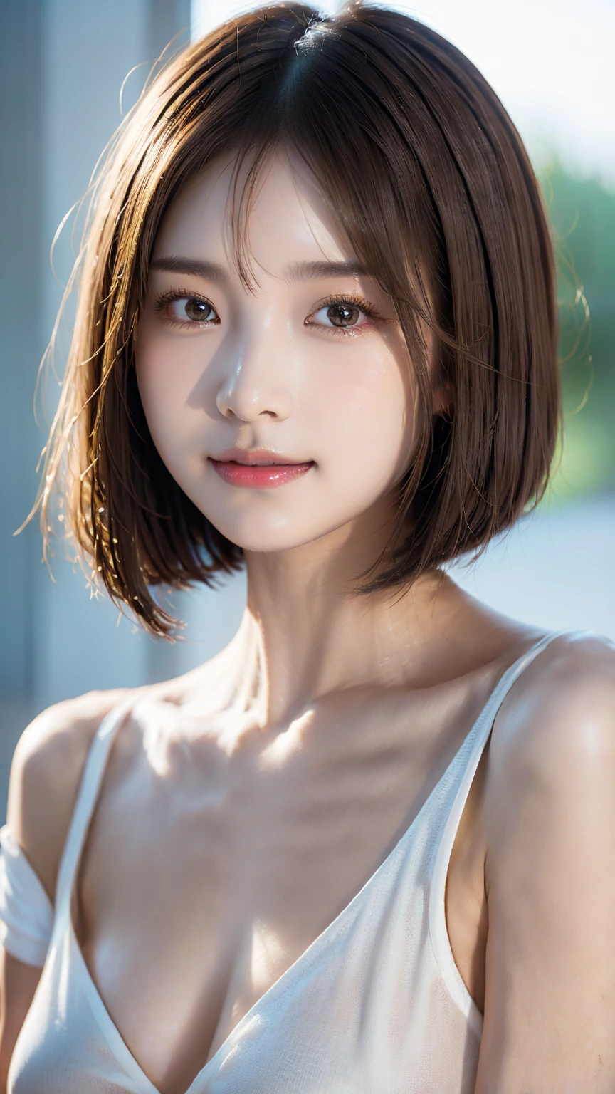 (((Shoulder length brown straight short bob)))、full body shot、Half Japanese and half Korean、18-year-old girl、independent、look forward to、Light eye makeup、Brown Hair Color、flat 、Hair blowing in the wind、Quality of actress、Shiny, Ultra-realistic faces、Smile expression、Watery eye、look up、Pleasant lighting effects、 Ultra-Realistic Capture、Very detailed、High resolution 16k human skin closeup。Skin texture must be natural、Must be so detailed that pores are visible、skin is healthy、There must be a unified tone、Use natural light and color、High quality photos taken by modeling agencies&#39;Exclusive photographer、smile