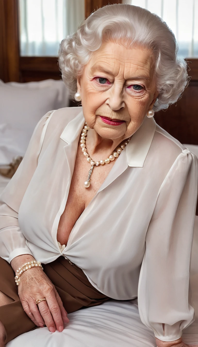 ((gorgeous queen elizabeth 80yo:1.3), (huge saggy breast:1.3), profile side, (look at viewer:1.4), sitting on a bed, (sensual expression:1.4), (covered in cum:1.5), (((chiffon white shirt with a deep collar necklane))), brown skirt, lipsticks, Pearl Necklace