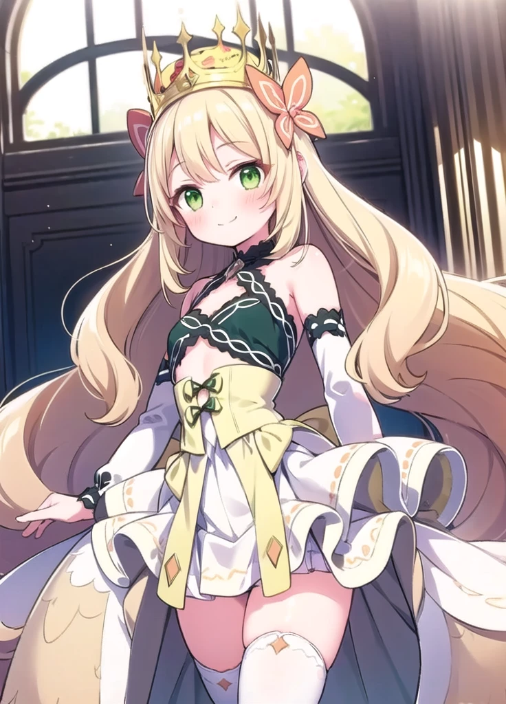 1girl, solo, masterpiece, best quality, perfect hands, smile, blush, closed mouth, celine_engage, blonde hair, very long hair, curly hair, crown, hair ornament, green eyes, bare shoulders, dress, detached sleeves, bow, white thighhighs, long sleeves, zettai ryouiki