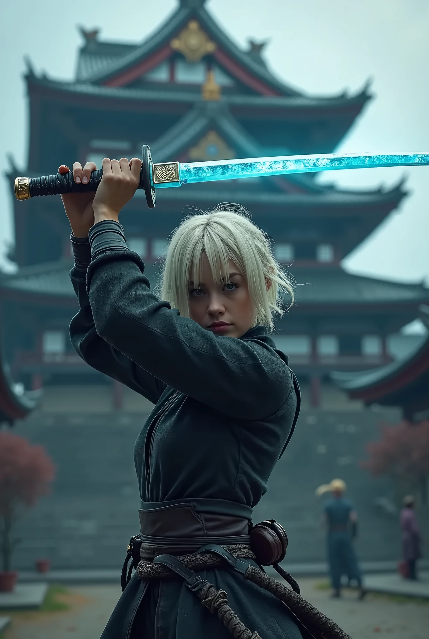 ( detailed photo image ,UHD,HDR,8k render) ninja girl with a pile of blond short hair ,  in ninja robes and light leather armor ,  above her head with both hands she holds a Japanese katana sword( katana faintly glows bluish ,  on it, mysterious hieroglyphs of power ), against the background of a Japanese pagoda castle ,mystery warrior ,