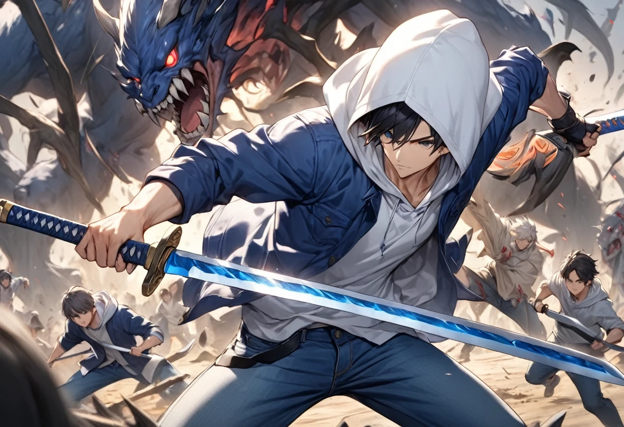  Chopping Knife "Claw " , Bladewers 1 .5ｍ Blue Wild Sword  ,  Japanese sword wearing a sacred pale fighting spirit that has slashed all kinds of monsters since ancient times , Focus on the sword ,  Young Man Wearing a White Hoodie, Blue Jacket, and Jeans"Asuka"is holding , Carcasses of monsters that have been defeated are scattered around, One-handed flatfoot pose with the tip raised horizontally from the shoulder((  Motion Blur ：2.0,  background blur)) ,Focus on the sword 