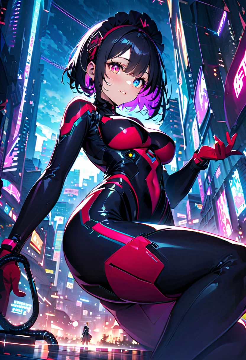 12 years, 1girl, solo, ponytail black hair, brown eyes, fighting stance, blue energy ball in hands, mask, standing, full body, suit spiderman in blue and purple, city, night