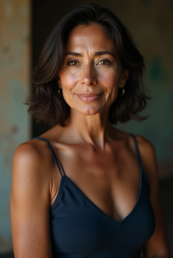 .Photo of a mature Mexican woman, 45 year old Milf, beautiful face, curly hair,no bra,visible nipple, wrinkles, aged, neutral colors, barren land, medium breasts,round breasts,big cleavage,see-through clothing,see-through cardigan sport bra, (muscles:1.3), (abs:1.3), fit athletic body, ((show face)), masterpiece, uhd, 16k