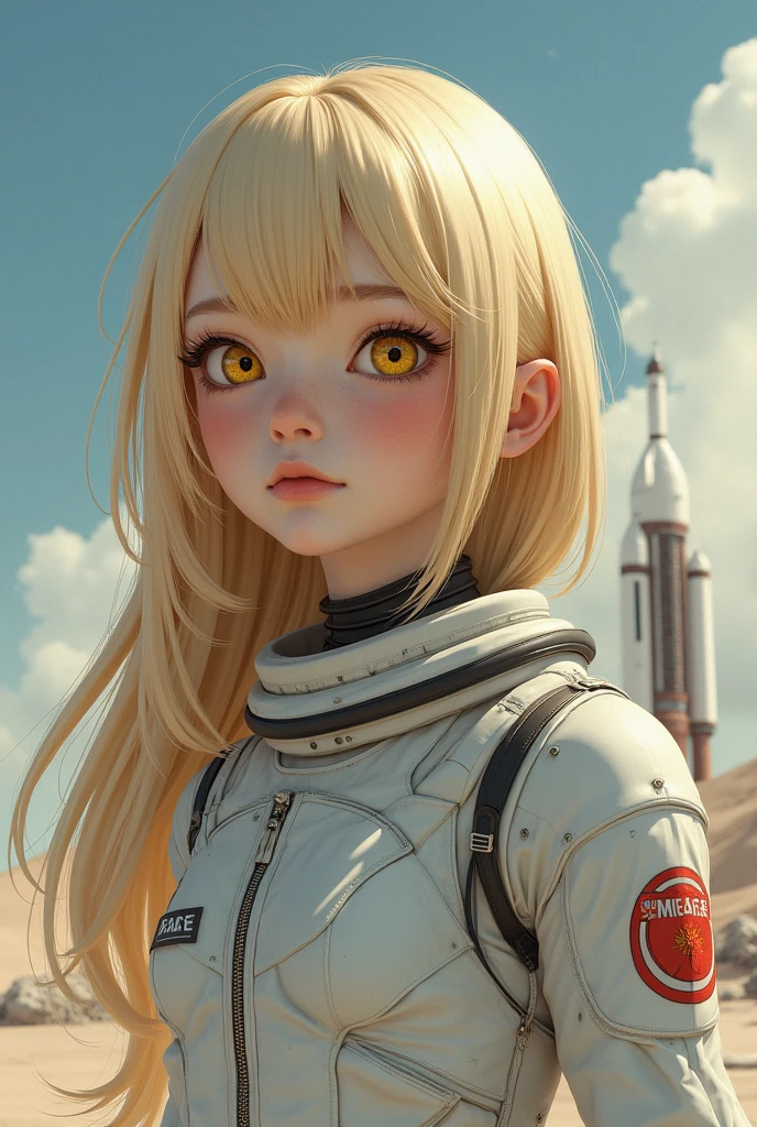 1 female，5 years old，little girl，small ，Audrolo the Little，（background with：space ship，satellite，） she has blond hair，Standing on a spaceship，View from the front， The sky is mainly cloudy，（（（masterpiece），（Very detailed CG unified 8k wallpaper），best quality，movie lighting，Detailed background，beauty细致的眼睛，bright pupils，blue eyes，（Very delicate and beautiful），（beauty而详细的眼睛描述），Super detailed，masterpiece，）），face camera，high resolution，Super detailed），violent house，exposed genitals， convex，legs are open，convex起性感，camel toe，face，Smile，longing unsatisfied，street frontage，primary school student，astronaut，（wear：space suit）, (Red and white pilot suit, tight clothes, beauty, Lively, charming, slim, Exoskeleton) Alisa Selezneva