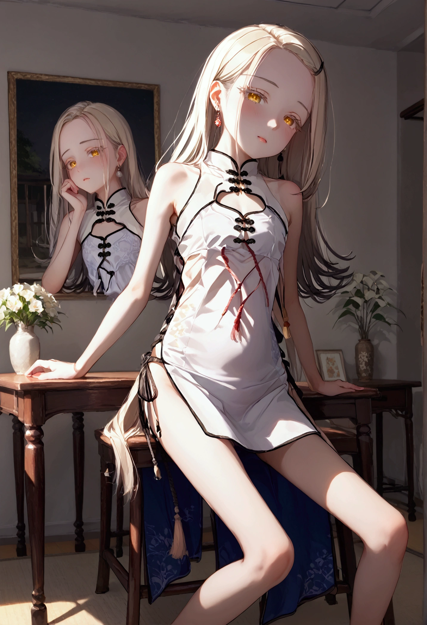 High image quality 、masterpiece、  high quality、Full HD、4K、Depict girls only 、Sit on a chair and stretch your legs 、 and close your thighs、Show me your toes、 viewed from below、Looking down on、 blonde beige long hair、Droopy eyes、Golden Eyes、Forehead、black hairpin 、 red china dress、 flat chest、Small breasts、 bewitching expression、blush、 makes your cheeks red、A chair without a backrest、White Room、Painting、Clothes against the wall 