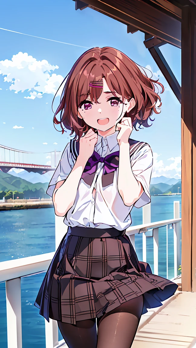 masterpiece, Best Quality,  high resolution on down,  very detailed,(((Higuchi Madoka YD ))), (((Brown Hair))), (((Eyebrows hidden by hair))), (((Hair accessories))), ((( hair clip that invites you with your hand))), (((mole))), (((目の下のmole))), (((（Purple Eyes：1.1）))), ((( short hair ))), ((( wavy hair))), (((黒 pantyhose))), (((黒shirt))), ((( pantyhose))), (((Check pattern))), (((Check patternskirt))), (((プリーツskirt))), (((uniform))), (((shirt))), (((skirt))), ((( wind is blowing))), ((( Standing in the Distance ))), (((Positive。))), (((On Bridge))), (((blue sky))), ((( is laughing。)))