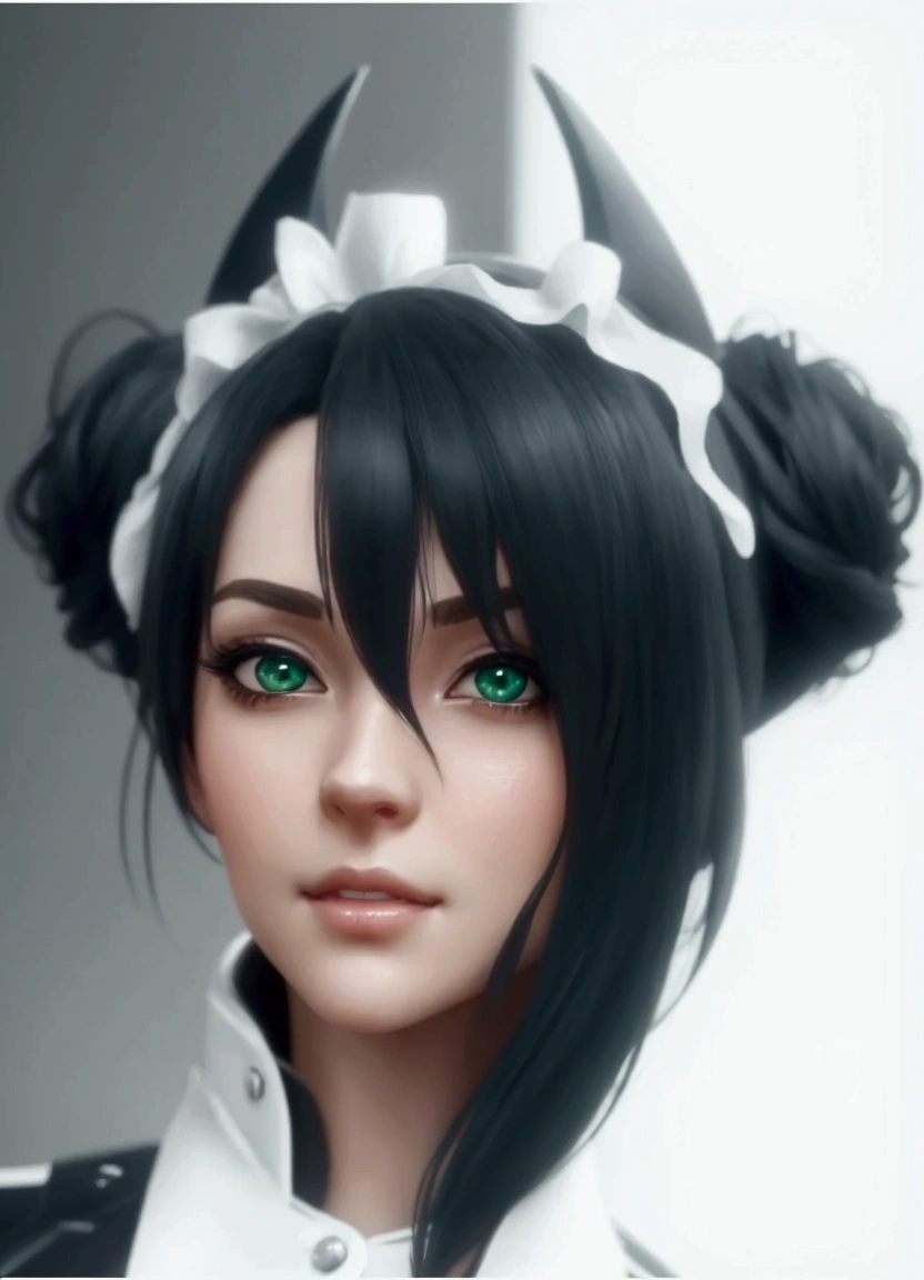 A young woman(beautiful,elegant),  Of Anglo-American origin    (beautiful, elegant, sexy ). I just saw the spectator   , portrait(realistic:1.4), (:1.0),   emerald green eyes   ,   big eyes, semi-sharp eyes  , shirt, dress, black vest, (   hair color black costume   ),cabello con coletas, (   hair maid headband ),   short hair , (DETAILED, ultra-DETAILED, high DETAILED, ultra realistic 8k CG,   perfect artwork , lyrical), wooden table , flores, interior, sexy and charming smile   . agent girlsfrontline   