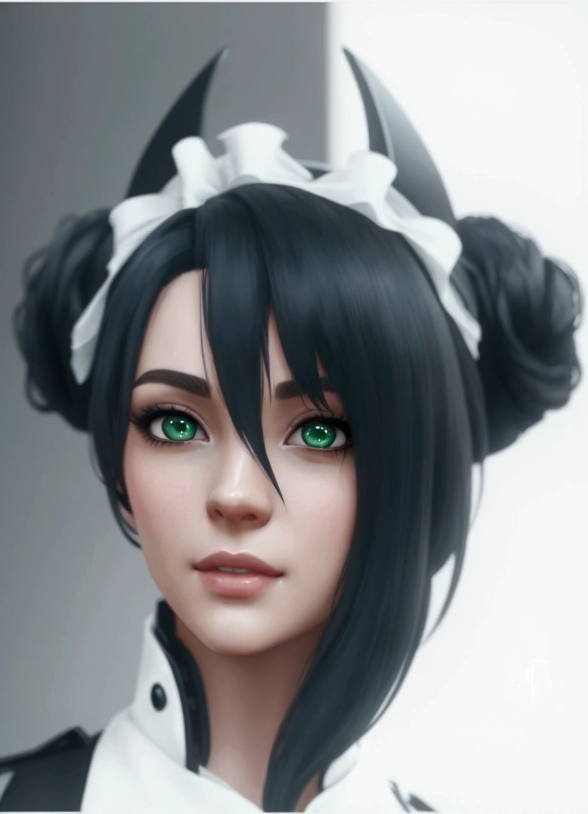 A young woman(beautiful,elegant),  Of Anglo-American origin    (beautiful, elegant, sexy ). I just saw the spectator   , portrait(realistic:1.4), (:1.0),   emerald green eyes   ,   big eyes, semi-sharp eyes  , shirt, dress, black vest, (   hair color black costume   ),cabello con coletas, (   hair maid headband ),   short hair , (DETAILED, ultra-DETAILED, high DETAILED, ultra realistic 8k CG,   perfect artwork , lyrical), wooden table , flores, interior, sexy and charming smile   . agent girlsfrontline   