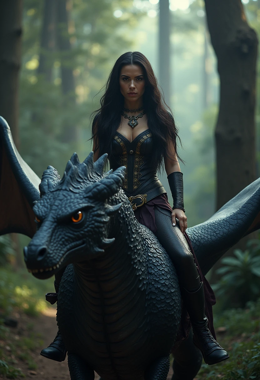 Ultra wide shot,sci-fi movie style,photorealistic,soft low contrast,soft cold lighting,beautiful girl,n3ry,21 yo,futuristic black armored clothing,mechanical dragon behind her,fearless impression,full lips,long curly dark hair,looking on sunrise,starship in the sky,beautiful detailed face,perfect hands,small breasts,<lora:Marina_N3ry_XL:0.9>,n3ry,