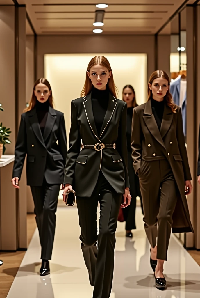 A high-resolution photorealistic image intended for Instagram, highlighting a futuristic, sustainable fashion collection focused on power suits and sophisticated workwear. The collection features strong, tailored silhouettes in deep blues, rich burgundies, and forest greens. The garments include tailored blazers, high-waisted trousers, and structured dresses made from sustainable materials like organic wool, recycled polyester, and hemp blends. Futuristic details such as angular cuts, metallic accents, and tech-enhanced fabrics with temperature regulation and UV protection are subtly integrated. The setting is a sleek, modern office environment with large glass windows and minimalist design elements, contrasting with the bold natural colors of the outfits. Models are portrayed in assertive, commanding poses, with dramatic lighting that highlights the richness of the fabrics and the precision of the tailoring. The image embodies empowerment, eco-consciousness, and modern sophistication.
