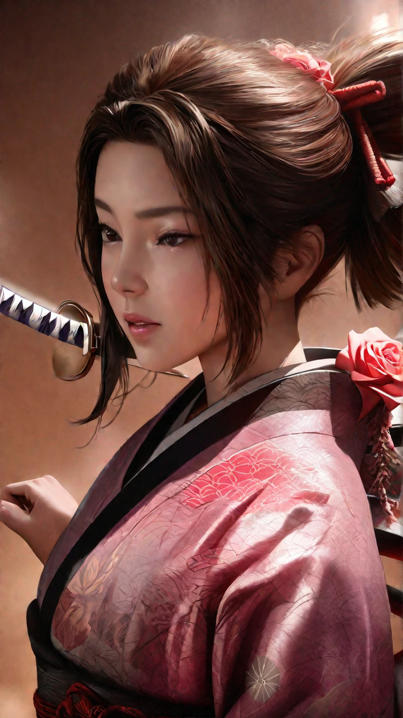 (Masterpiece、High image quality、 high definition、4K、8k、 detail)、(Masterpiece, High Quality, High Definition, 4K, 8K, Detail, ) A female samurai (Japanese, beautiful face, perfect body) standing in front of the camera swings her sword and cuts a single rose with a single stroke. The woman is looking at the rose as the sword blow separates the flower from the stem. She wears a traditional Japanese kimono with a subtle floral pattern. Her pony-tailed hair sways slightly with the swinging motion, and the background is minimalist (minimalist: 1.2) with soft light hitting the woman and the rose, creating tension and beauty in this scene. Photorealistic, wallpaper, CG unity at its best.