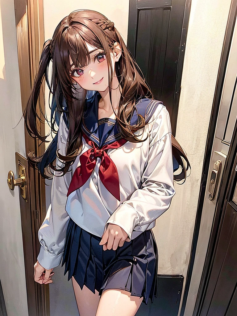 ung girls, (extremely detailed beautiful face), Smile happily, (Best Quality:1.4), (Ultra-detailed), (extremely detailed CG unified 8k wallpaper), Highly detailed, High-definition raw color photos, Professional Photography, Realistic portrait, Cinematic Light, ((Ponytail)), Bangs, (High School Uniform, Pleated mini-skirt:1.3), classroom, (view from below:1.2),
