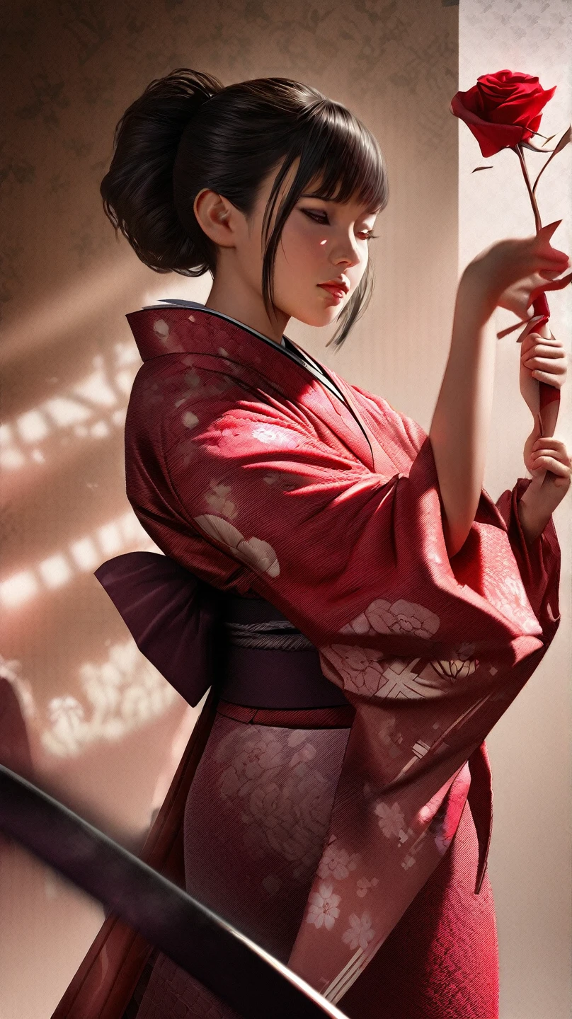 (Masterpiece、High image quality、 high definition、4K、8k、 detail)、(Masterpiece, High Quality, High Definition, 4K, 8K, Detail, ) A female samurai (Japanese, beautiful face, perfect body) standing in front of the camera swings her sword and cuts a single rose with a single stroke. The woman is looking at the rose as the sword blow separates the flower from the stem. She wears a traditional Japanese kimono with a subtle floral pattern. Her pony-tailed hair sways slightly with the swinging motion, and the background is minimalist (minimalist: 1.2) with soft light hitting the woman and the rose, creating tension and beauty in this scene. Photorealistic, wallpaper, CG unity at its best.