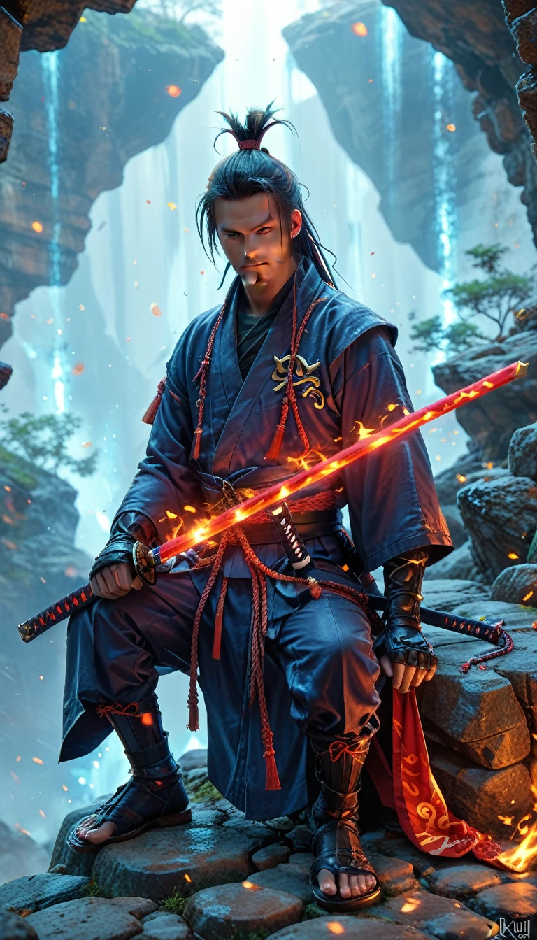 score_9, score_8_up, score_7,an epic katana, legendary katana sitting in a rocky stand, there are glowing runes on the katana, flames are reflected on the shining blade, katana, FireMagicAI